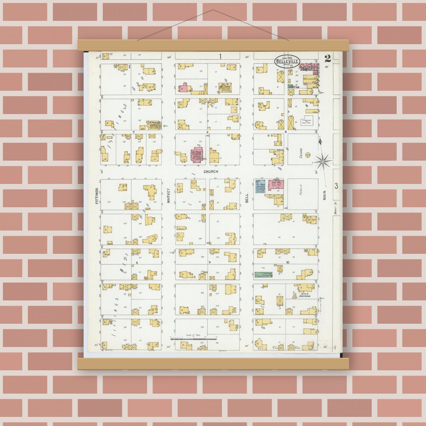 Old map wall art mockup — magnetic wood frame on brick wall — Sanborn Fire Insurance Map from Bellville, Richland County, Ohio (1900), Sheet #0002
