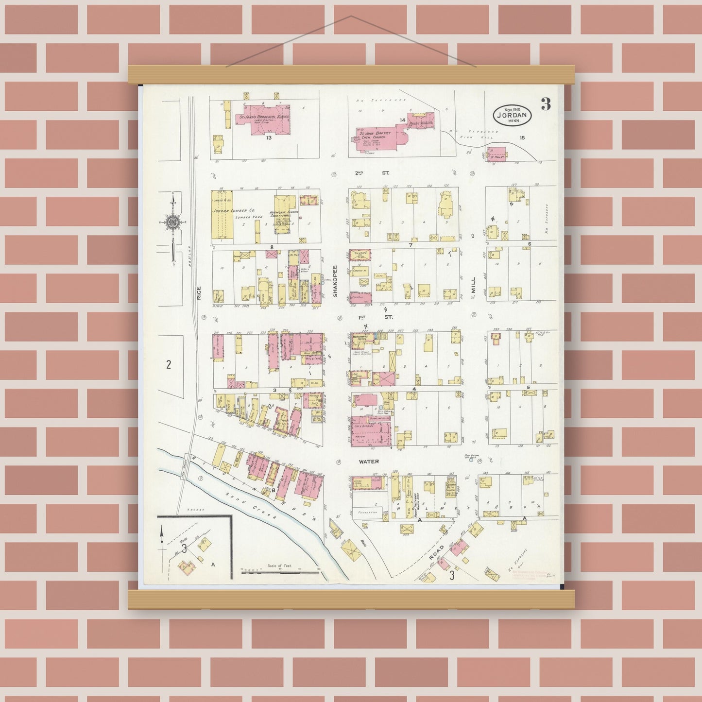 Old map wall art mockup — magnetic wood frame on brick wall — Sanborn Fire Insurance Map from Jordan, Scott County, Minnesota (1910), Sheet #0003