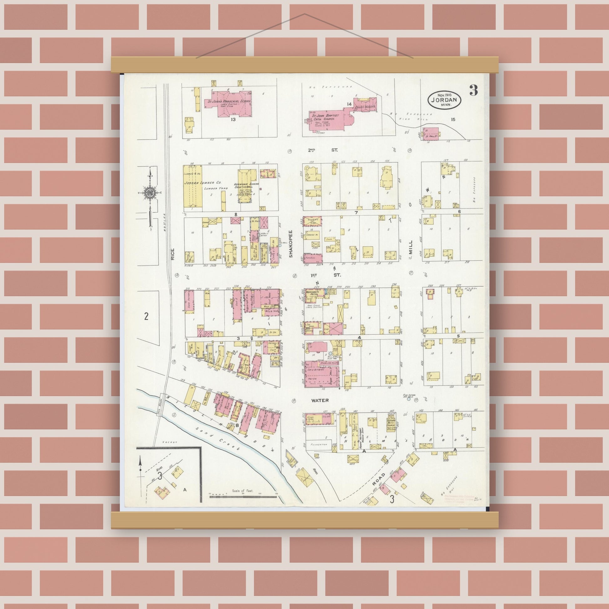 Old map wall art mockup — magnetic wood frame on brick wall — Sanborn Fire Insurance Map from Jordan, Scott County, Minnesota (1910), Sheet #0003