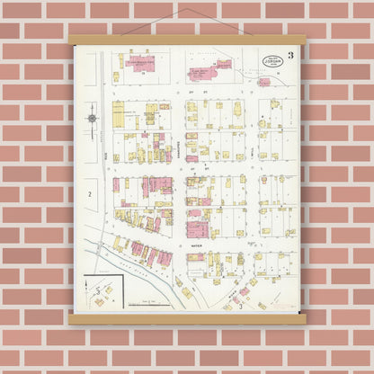 Old map wall art mockup — magnetic wood frame on brick wall — Sanborn Fire Insurance Map from Jordan, Scott County, Minnesota (1910), Sheet #0003