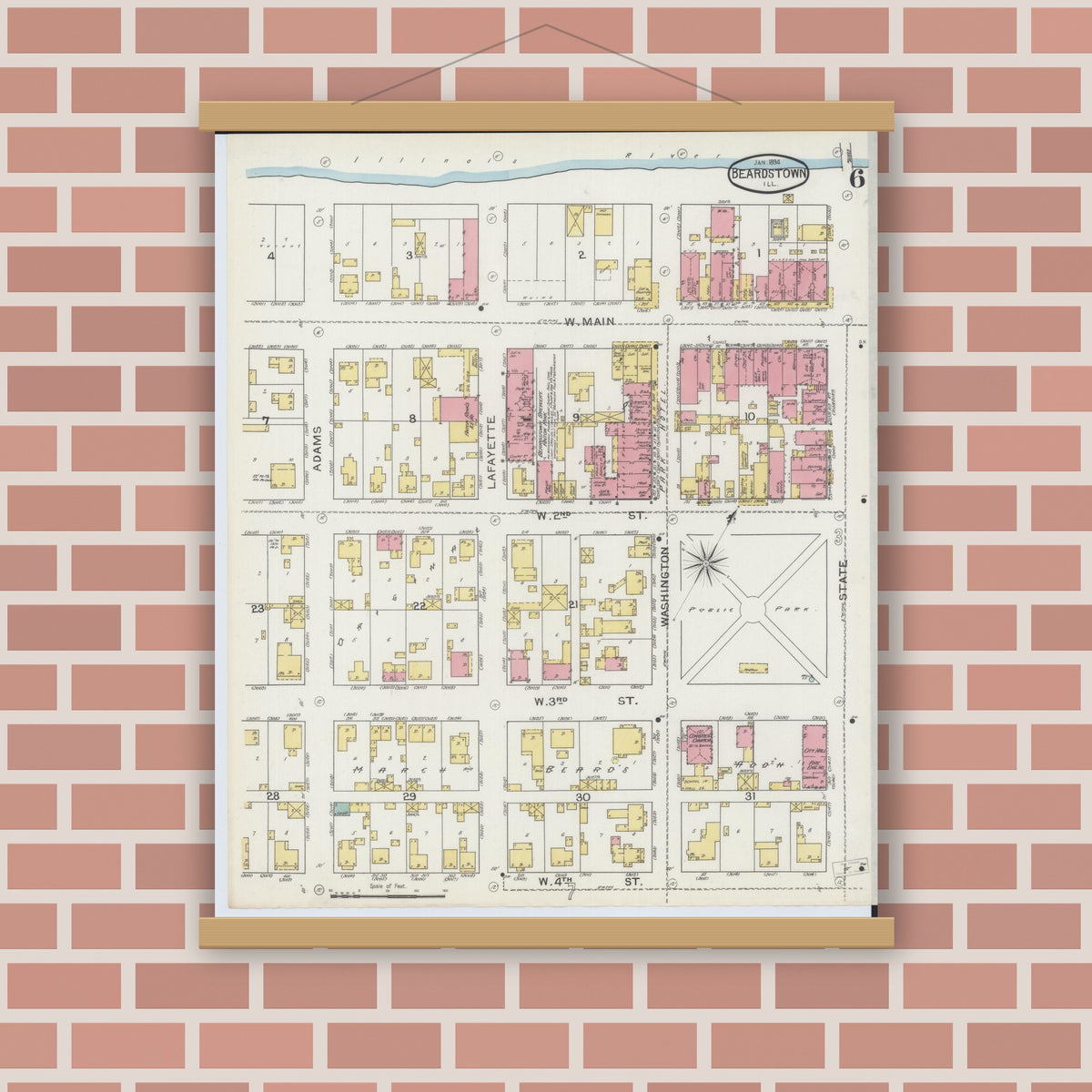 Old map wall art mockup — magnetic wood frame on brick wall — Sanborn Fire Insurance Map from Beardstown, Cass County, Illinois (1894), Sheet #0006