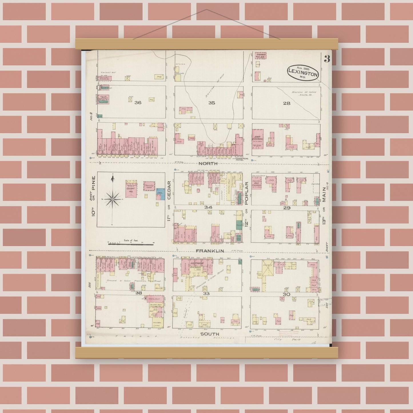 Old map wall art mockup — magnetic wood frame on brick wall — Sanborn Fire Insurance Map from Lexington, Lafayette County, Missouri (1885), Sheet #0003
