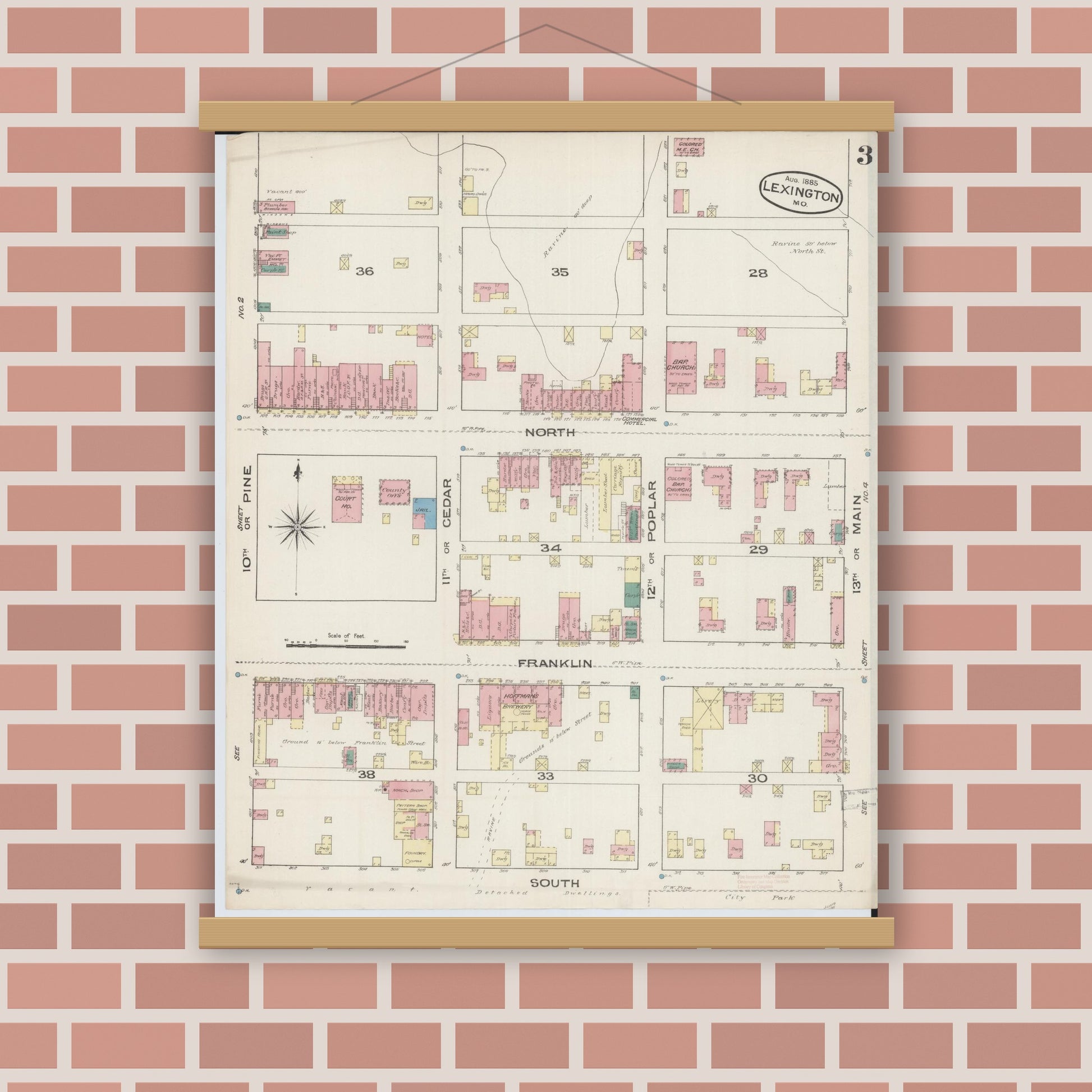 Old map wall art mockup — magnetic wood frame on brick wall — Sanborn Fire Insurance Map from Lexington, Lafayette County, Missouri (1885), Sheet #0003