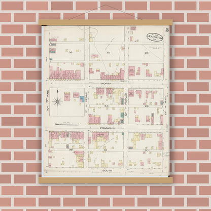 Old map wall art mockup — magnetic wood frame on brick wall — Sanborn Fire Insurance Map from Lexington, Lafayette County, Missouri (1885), Sheet #0003