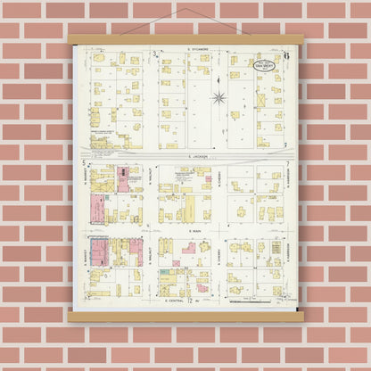 Old map wall art mockup — magnetic wood frame on brick wall — Sanborn Fire Insurance Map from Van Wert, Van Wert County, Ohio (1907), Sheet #0006