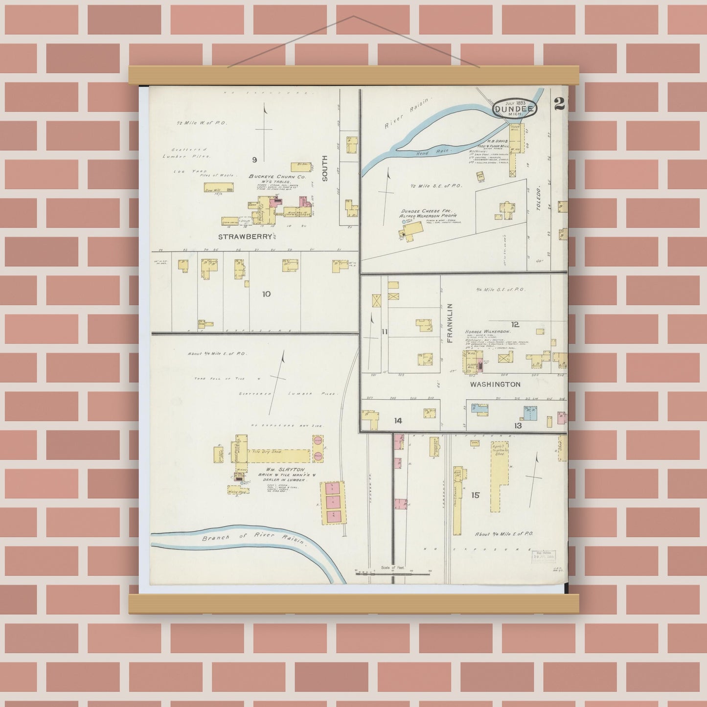 Old map wall art mockup — magnetic wood frame on brick wall — Sanborn Fire Insurance Map from Dundee, Monroe County, Michigan (1893), Sheet #0002