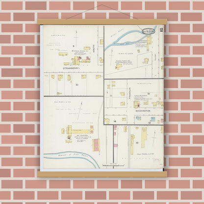 Old map wall art mockup — magnetic wood frame on brick wall — Sanborn Fire Insurance Map from Dundee, Monroe County, Michigan (1893), Sheet #0002