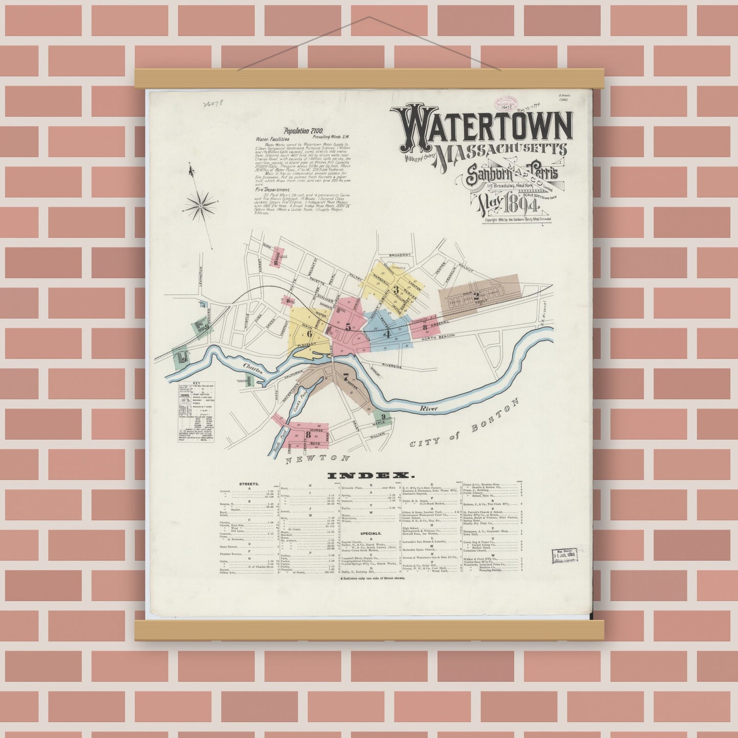 Old map wall art mockup — magnetic wood frame on brick wall — Sanborn Fire Insurance Map from Watertown, Middlesex County, Massachusetts (1894) - Complete Map Set