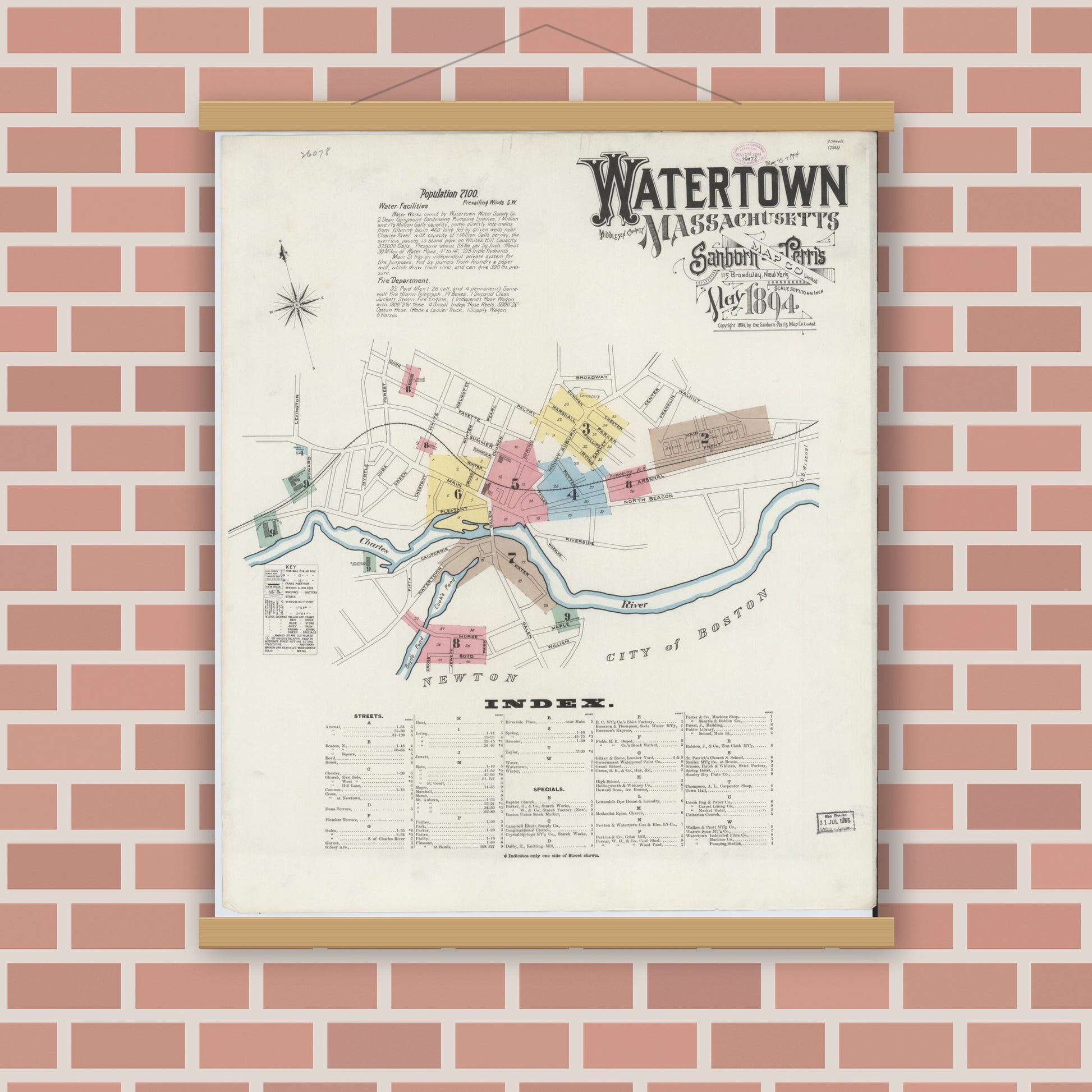 Old map wall art mockup — magnetic wood frame on brick wall — Sanborn Fire Insurance Map from Watertown, Middlesex County, Massachusetts (1894) - Complete Map Set