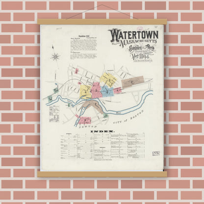 Old map wall art mockup — magnetic wood frame on brick wall — Sanborn Fire Insurance Map from Watertown, Middlesex County, Massachusetts (1894) - Complete Map Set