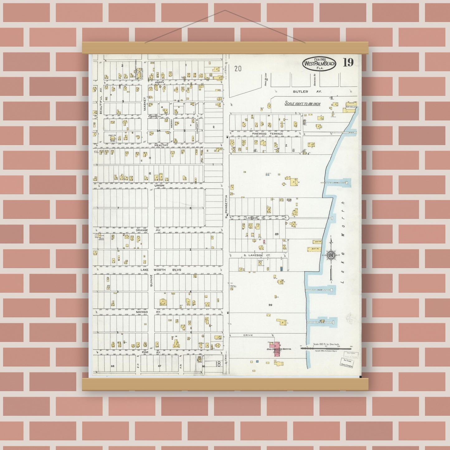 Old map wall art mockup — magnetic wood frame on brick wall — Sanborn Fire Insurance Map from West Palm Beach, Dade County, Florida (1920), Sheet #0019