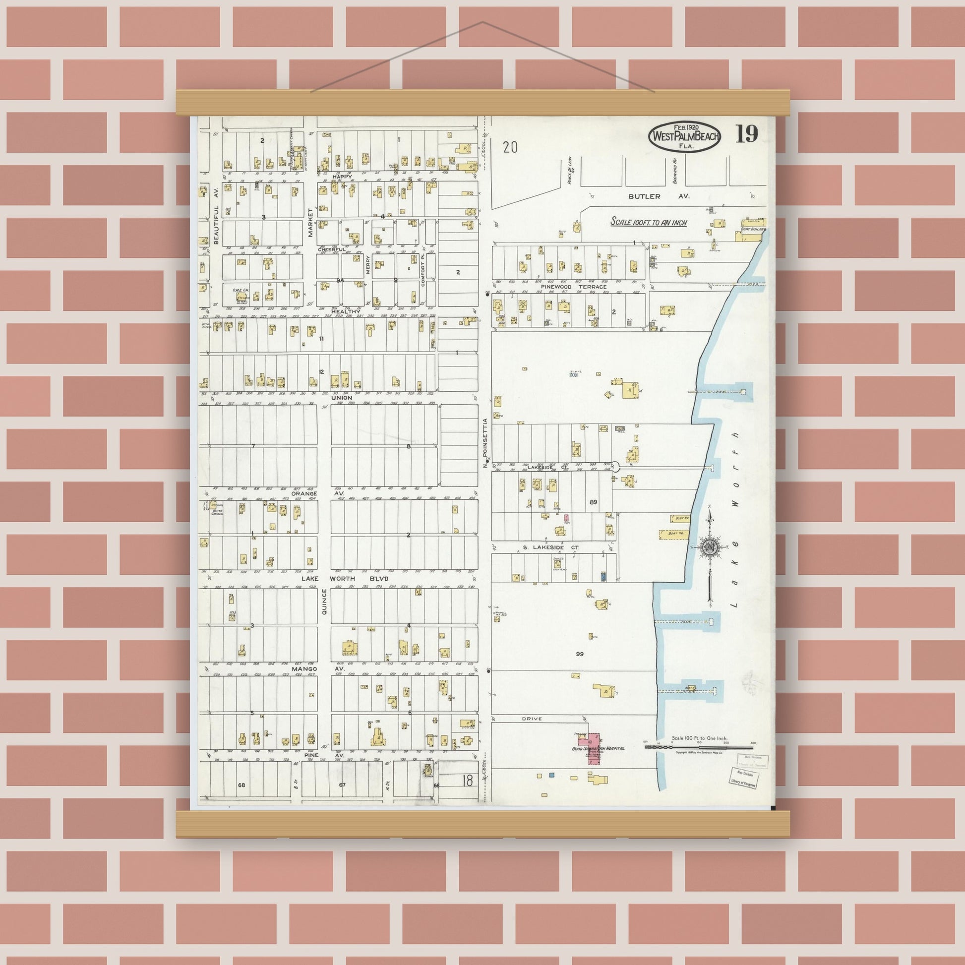 Old map wall art mockup — magnetic wood frame on brick wall — Sanborn Fire Insurance Map from West Palm Beach, Dade County, Florida (1920), Sheet #0019