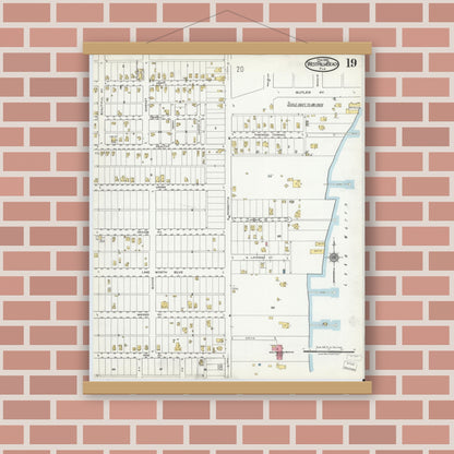 Old map wall art mockup — magnetic wood frame on brick wall — Sanborn Fire Insurance Map from West Palm Beach, Dade County, Florida (1920), Sheet #0019
