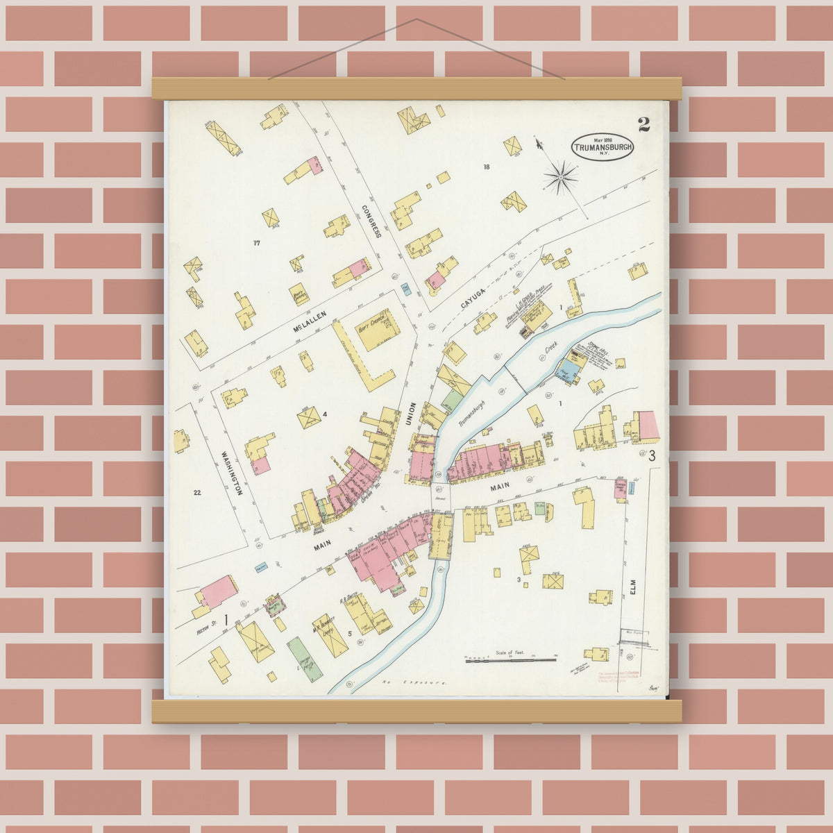 Old map wall art mockup — magnetic wood frame on brick wall — Sanborn Fire Insurance Map from Trumansburg, Tompkins County, New York (1898), Sheet #0002