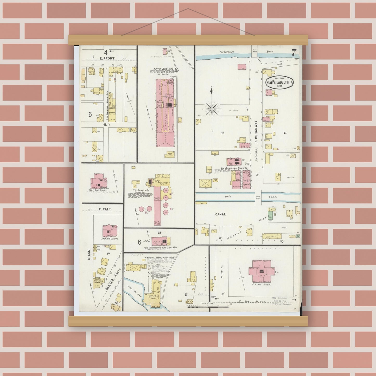 Old map wall art mockup — magnetic wood frame on brick wall — Sanborn Fire Insurance Map from New Philadelphia, Tuscarawas County, Ohio (1896), Sheet #0007