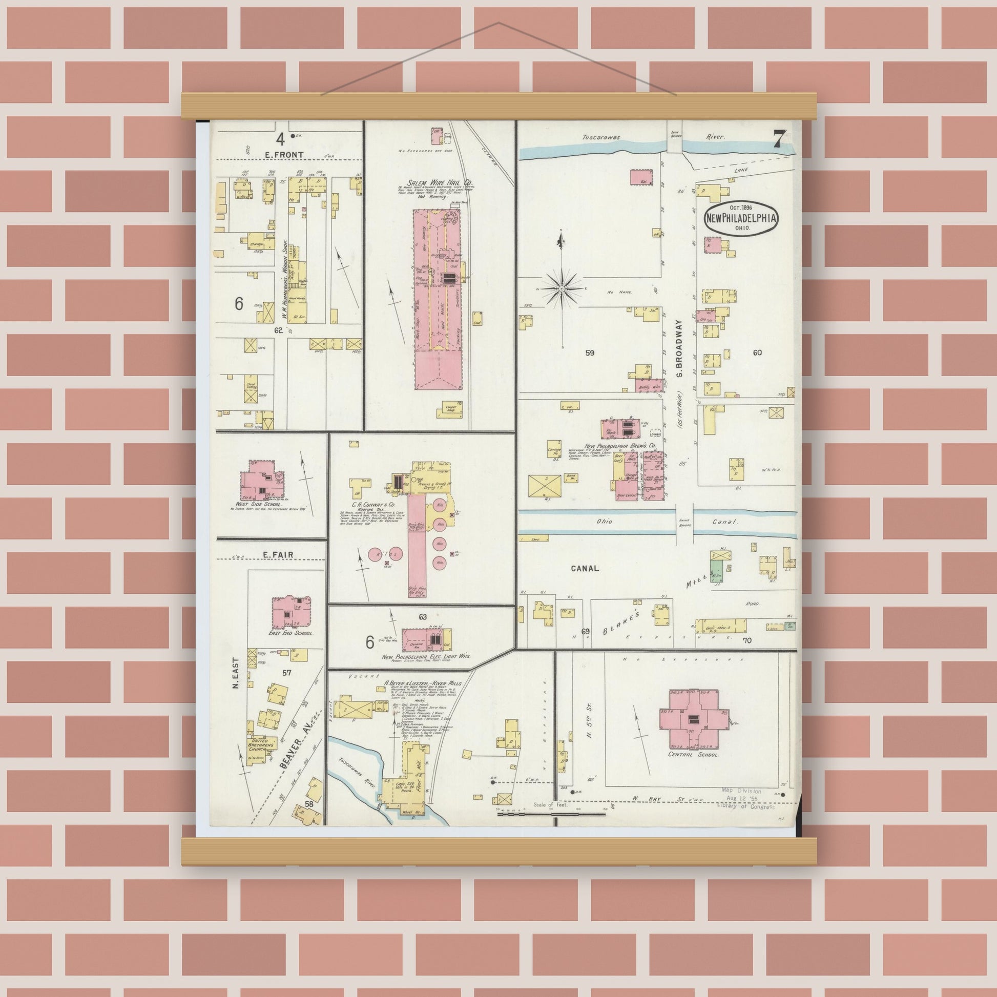 Old map wall art mockup — magnetic wood frame on brick wall — Sanborn Fire Insurance Map from New Philadelphia, Tuscarawas County, Ohio (1896), Sheet #0007