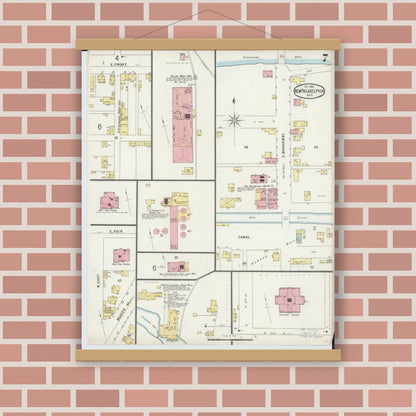 Old map wall art mockup — magnetic wood frame on brick wall — Sanborn Fire Insurance Map from New Philadelphia, Tuscarawas County, Ohio (1896), Sheet #0007