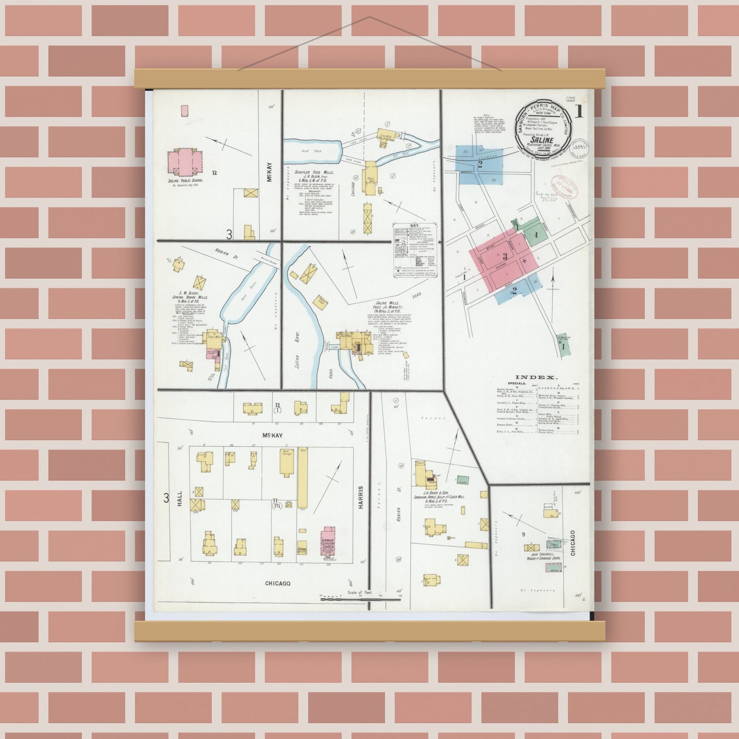 Old map wall art mockup — magnetic wood frame on brick wall — Sanborn Fire Insurance Map from Saline, Washtenaw County, Michigan (1899) - Complete Map Set