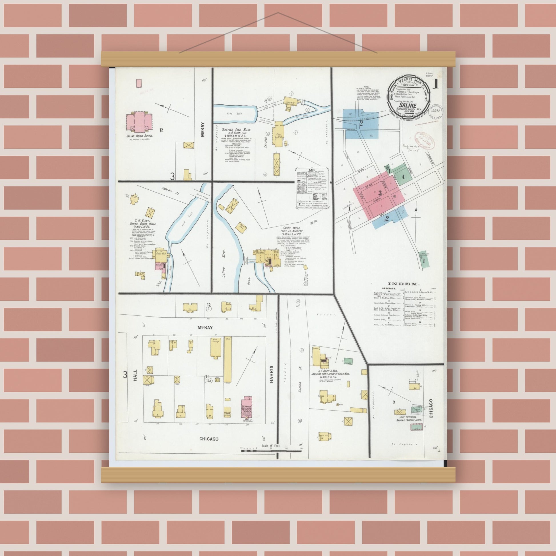 Old map wall art mockup — magnetic wood frame on brick wall — Sanborn Fire Insurance Map from Saline, Washtenaw County, Michigan (1899) - Complete Map Set