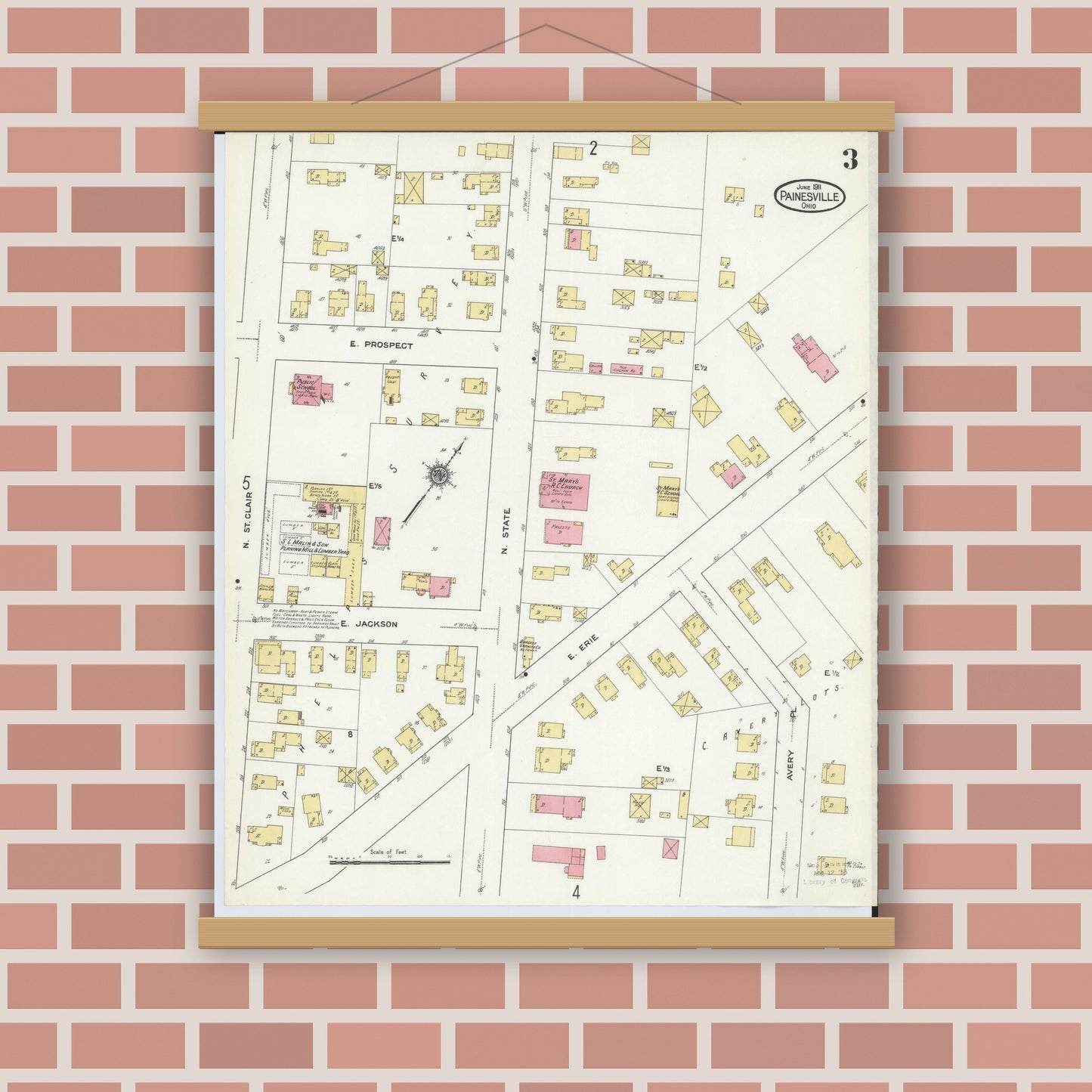 Old map wall art mockup — magnetic wood frame on brick wall — Sanborn Fire Insurance Map from Painesville, Lake County, Ohio (1911), Sheet #0003
