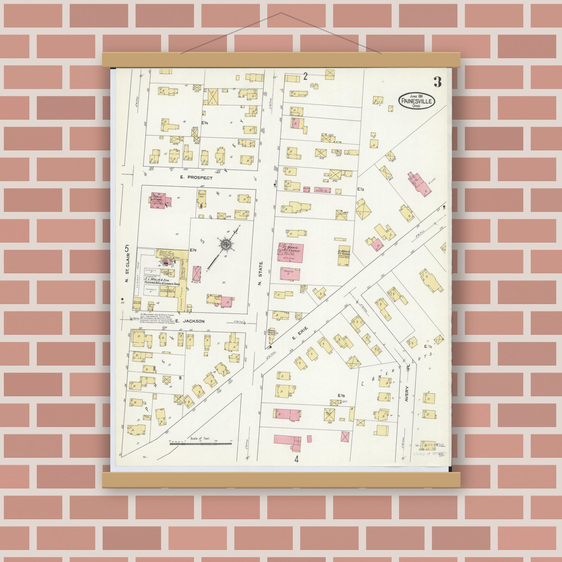 Old map wall art mockup — magnetic wood frame on brick wall — Sanborn Fire Insurance Map from Painesville, Lake County, Ohio (1911), Sheet #0003