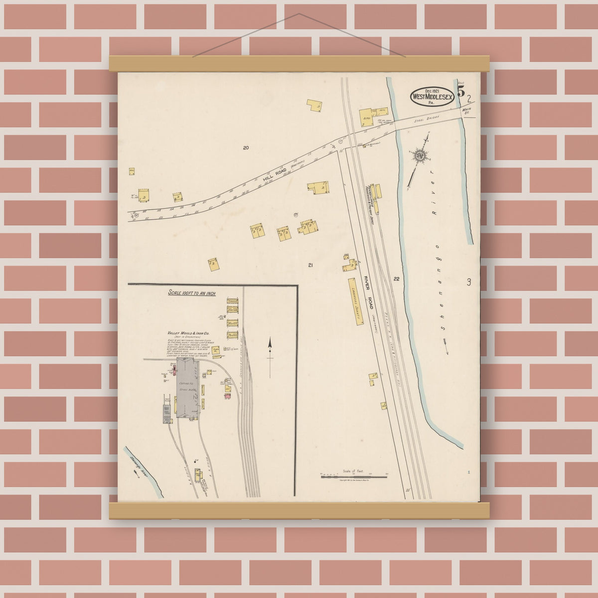 Old map wall art mockup — magnetic wood frame on brick wall — Sanborn Fire Insurance Map from West Middlesex, Mercer County, Pennsylvania (1921), Sheet #0005