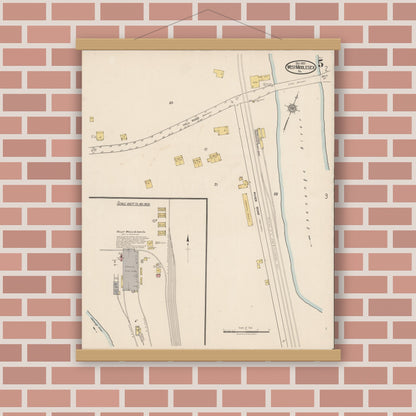 Old map wall art mockup — magnetic wood frame on brick wall — Sanborn Fire Insurance Map from West Middlesex, Mercer County, Pennsylvania (1921), Sheet #0005