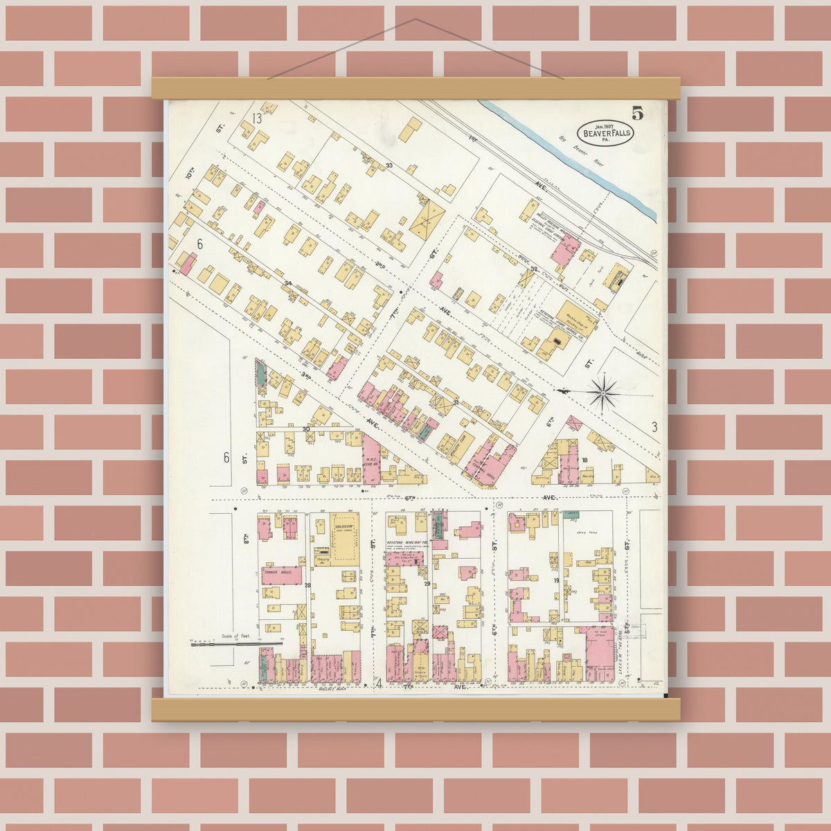 Old map wall art mockup — magnetic wood frame on brick wall — Sanborn Fire Insurance Map from Beaver Falls, Beaver County, Pennsylvania (1907), Sheet #0005