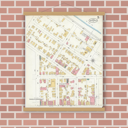 Old map wall art mockup — magnetic wood frame on brick wall — Sanborn Fire Insurance Map from Beaver Falls, Beaver County, Pennsylvania (1907), Sheet #0005