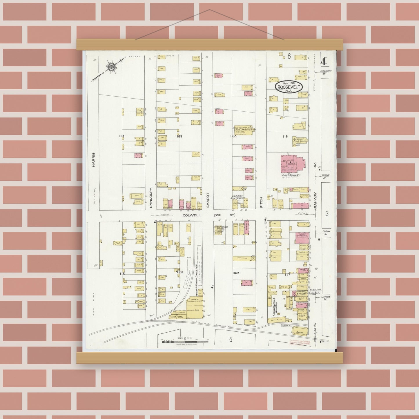 Old map wall art mockup — magnetic wood frame on brick wall — Sanborn Fire Insurance Map from Roosevelt, Middlesex County, New Jersey (1916), Sheet #0004
