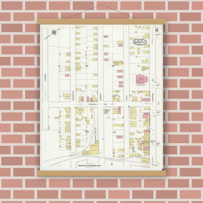 Old map wall art mockup — magnetic wood frame on brick wall — Sanborn Fire Insurance Map from Roosevelt, Middlesex County, New Jersey (1916), Sheet #0004