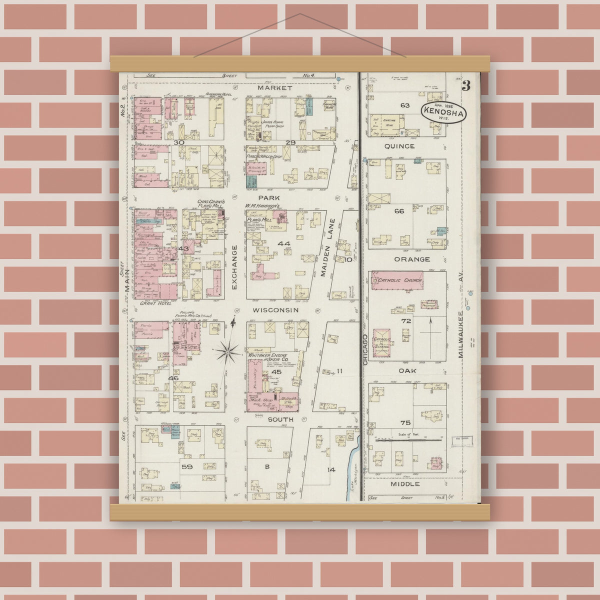 Old map wall art mockup — magnetic wood frame on brick wall — Sanborn Fire Insurance Map from Kenosha, Kenosha County, Wisconsin (1886) - Complete Map Set