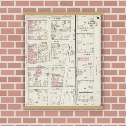 Old map wall art mockup — magnetic wood frame on brick wall — Sanborn Fire Insurance Map from Kenosha, Kenosha County, Wisconsin (1886) - Complete Map Set