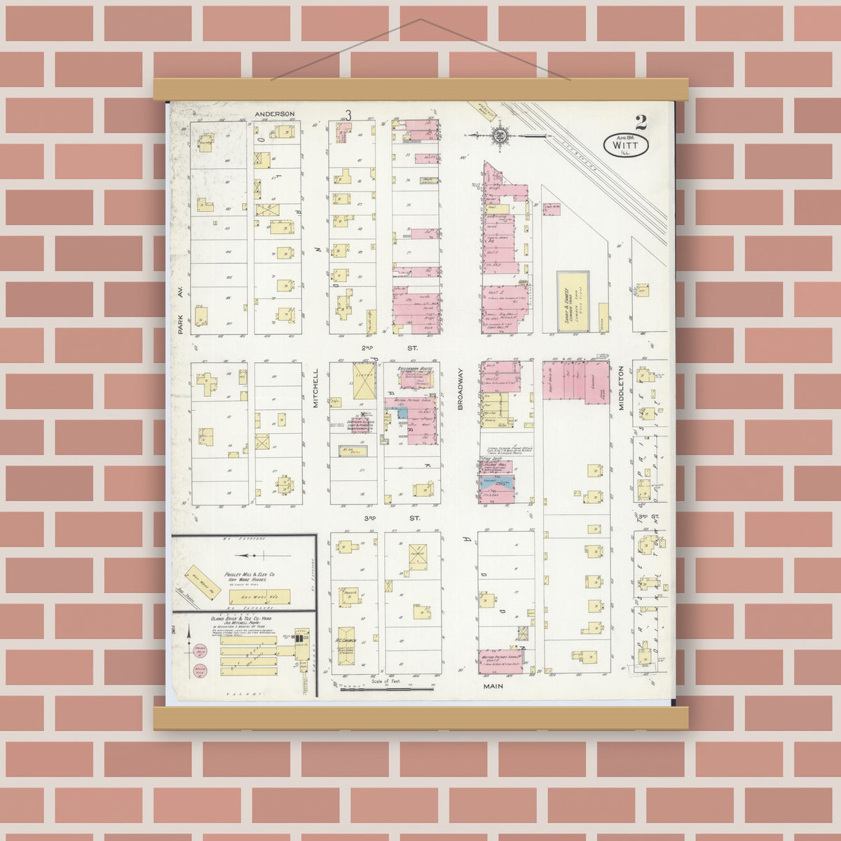 Old map wall art mockup — magnetic wood frame on brick wall — Sanborn Fire Insurance Map from Witt, Montgomery County, Illinois (1914), Sheet #0002