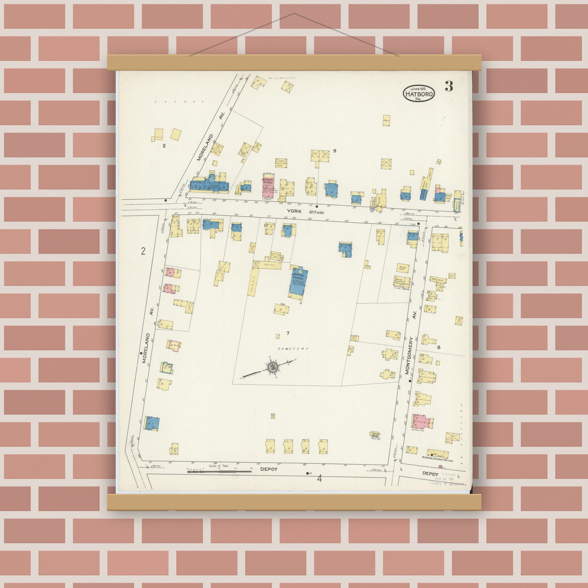Old map wall art mockup — magnetic wood frame on brick wall — Sanborn Fire Insurance Map from Hatboro, Montgomery County, Pennsylvania (1915), Sheet #0003