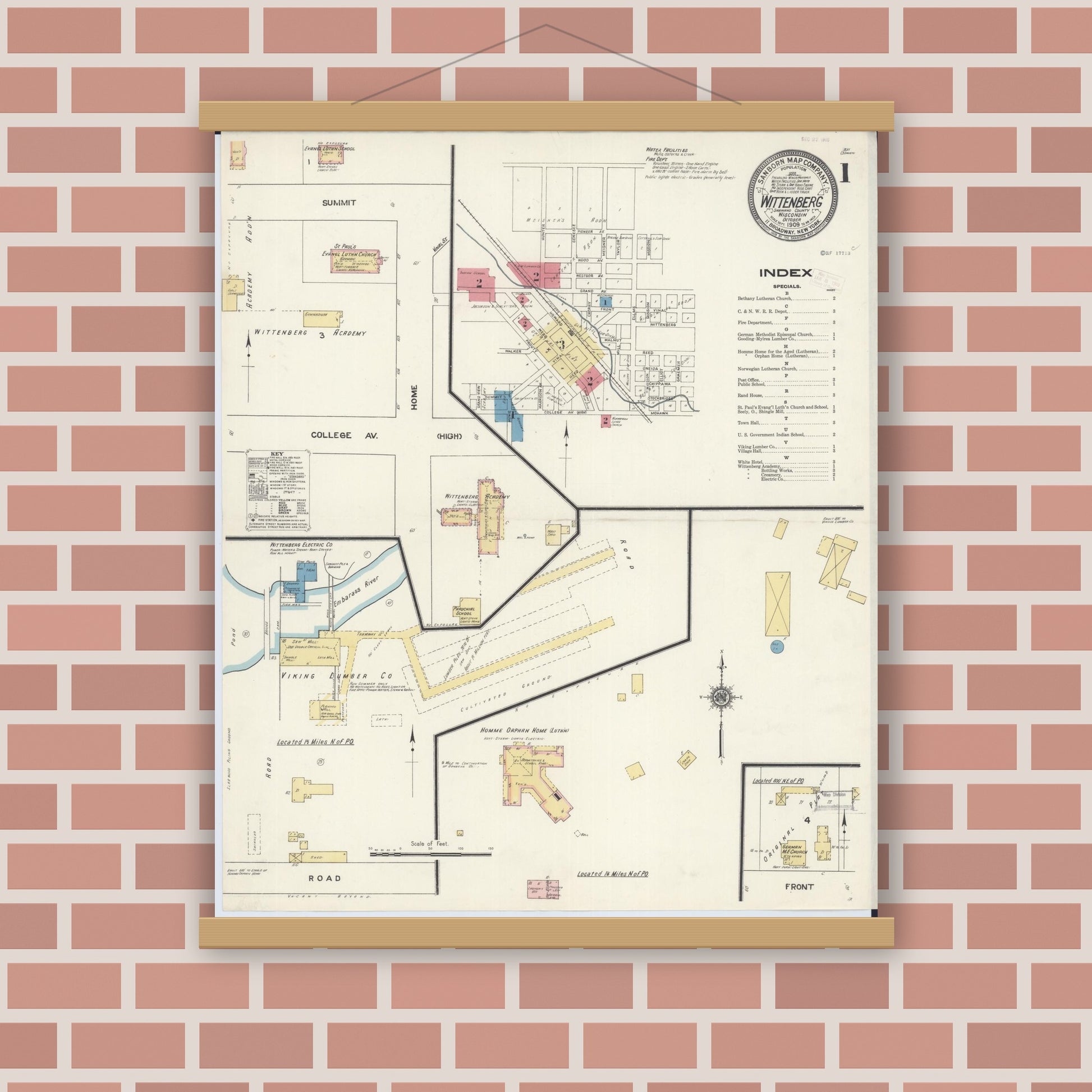 Old map wall art mockup — magnetic wood frame on brick wall — Sanborn Fire Insurance Map from Wittenberg, Shawano County, Wisconsin (1909) - Complete Map Set