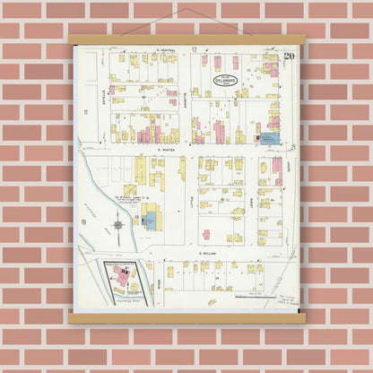 Old map wall art mockup — magnetic wood frame on brick wall — Sanborn Fire Insurance Map from Delaware, Delaware County, Ohio (1911), Sheet #0020