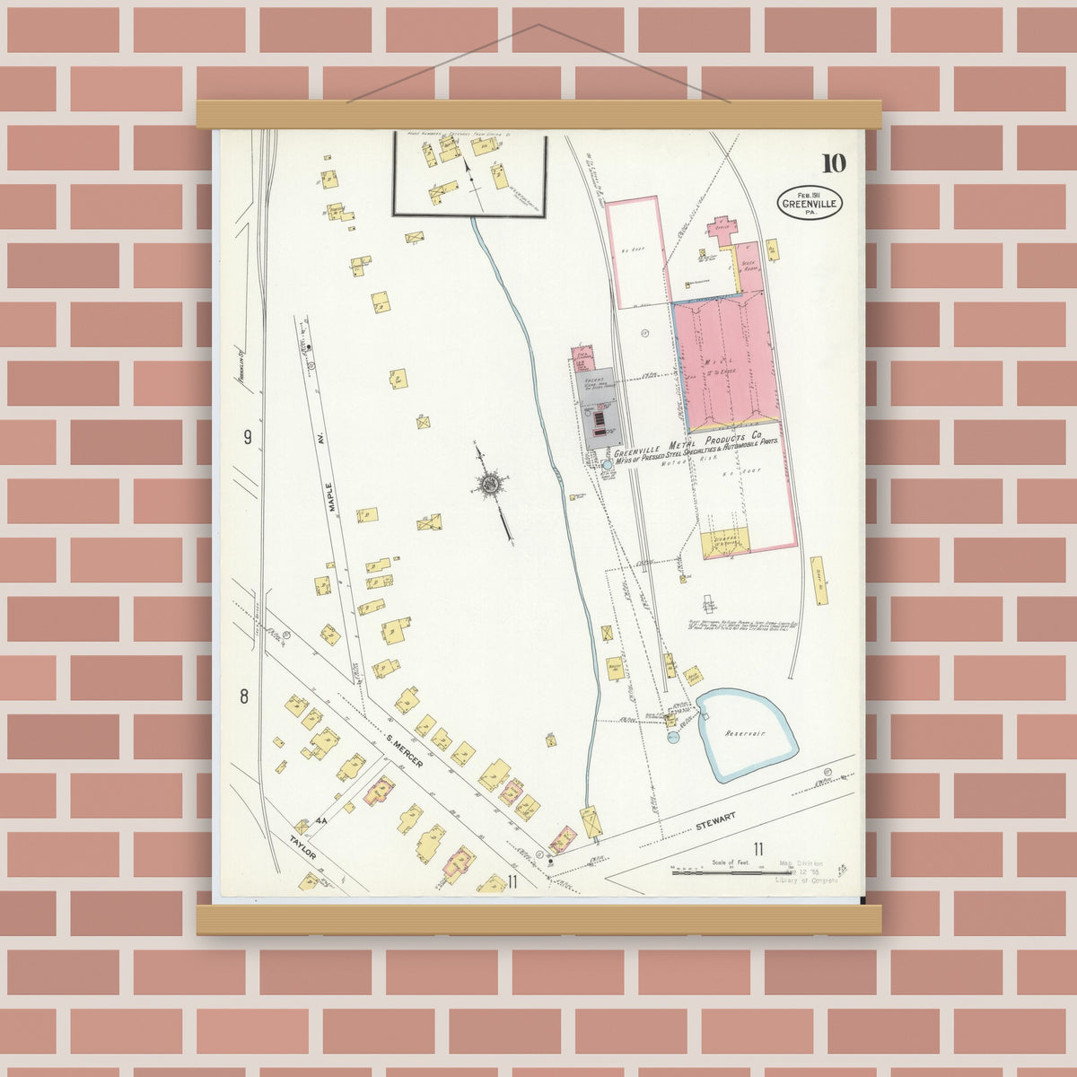 Old map wall art mockup — magnetic wood frame on brick wall — Sanborn Fire Insurance Map from Greenville, Mercer County, Pennsylvania (1911), Sheet #0010