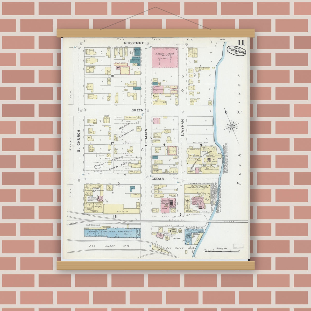 Old map wall art mockup — magnetic wood frame on brick wall — Sanborn Fire Insurance Map from Rockford, Winnebago County, Illinois (1891), Sheet #0011