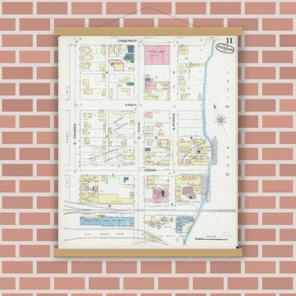 Old map wall art mockup — magnetic wood frame on brick wall — Sanborn Fire Insurance Map from Rockford, Winnebago County, Illinois (1891), Sheet #0011