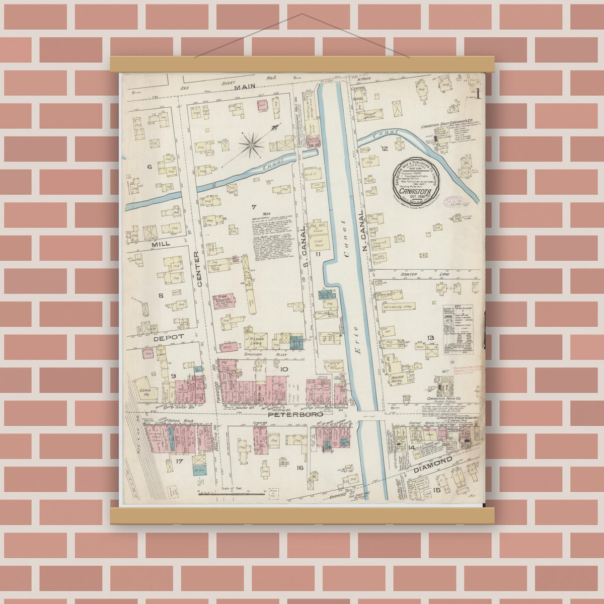 Old map wall art mockup — magnetic wood frame on brick wall — Sanborn Fire Insurance Map from Canastota, Madison County, New York (1885), Sheet #0001