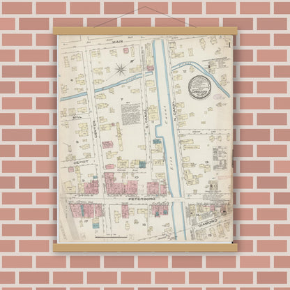 Old map wall art mockup — magnetic wood frame on brick wall — Sanborn Fire Insurance Map from Canastota, Madison County, New York (1885), Sheet #0001