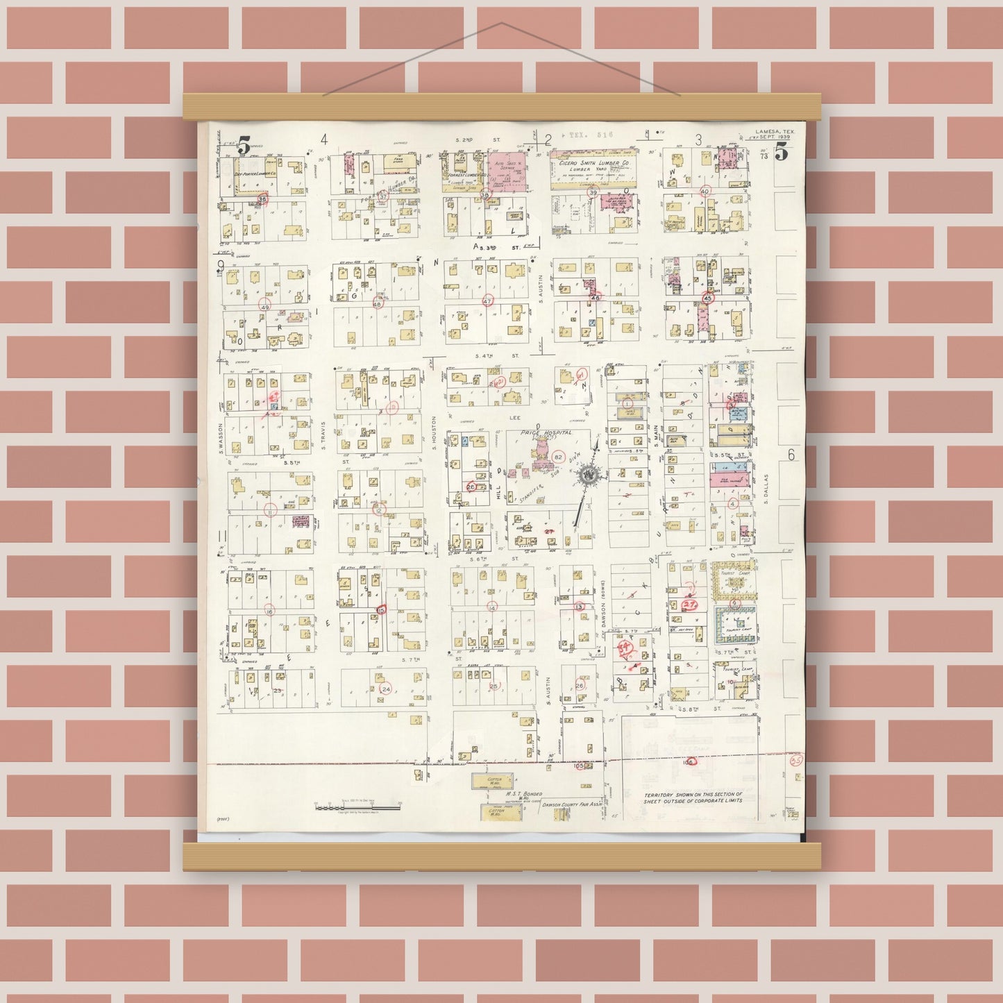 Old map wall art mockup — magnetic wood frame on brick wall — Sanborn Fire Insurance Map from Lamesa, Dawson County, Texas (1948), Sheet #0005