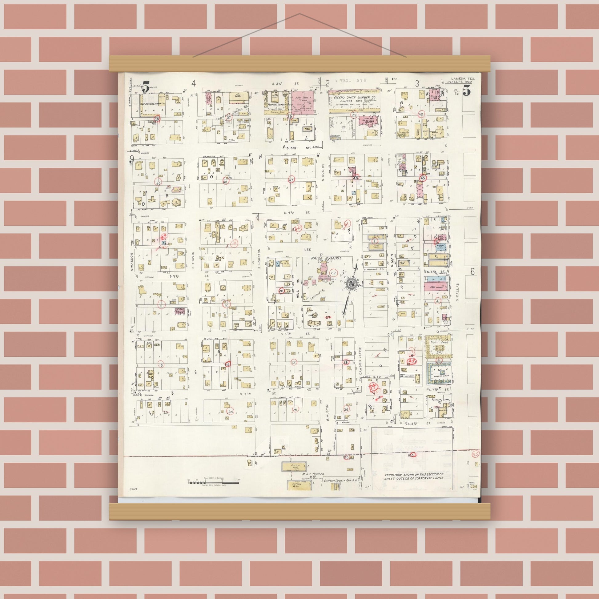 Old map wall art mockup — magnetic wood frame on brick wall — Sanborn Fire Insurance Map from Lamesa, Dawson County, Texas (1948), Sheet #0005