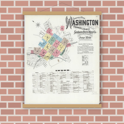 Old map wall art mockup — magnetic wood frame on brick wall — Sanborn Fire Insurance Map from Washington, Washington County, Pennsylvania (1896), Sheet #0001