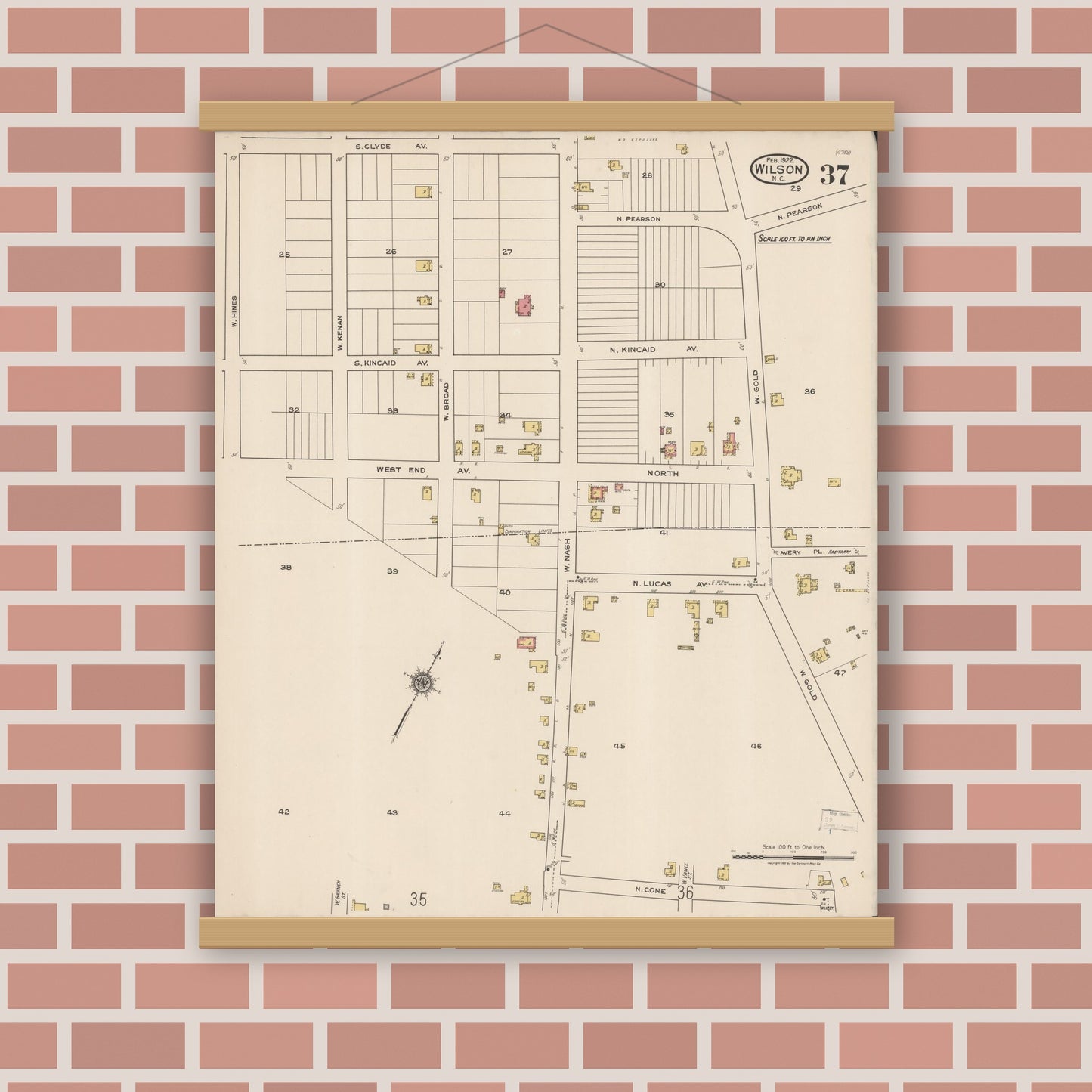 Old map wall art mockup — magnetic wood frame on brick wall — Sanborn Fire Insurance Map from Wilson, Wilson County, North Carolina (1922), Sheet #0037