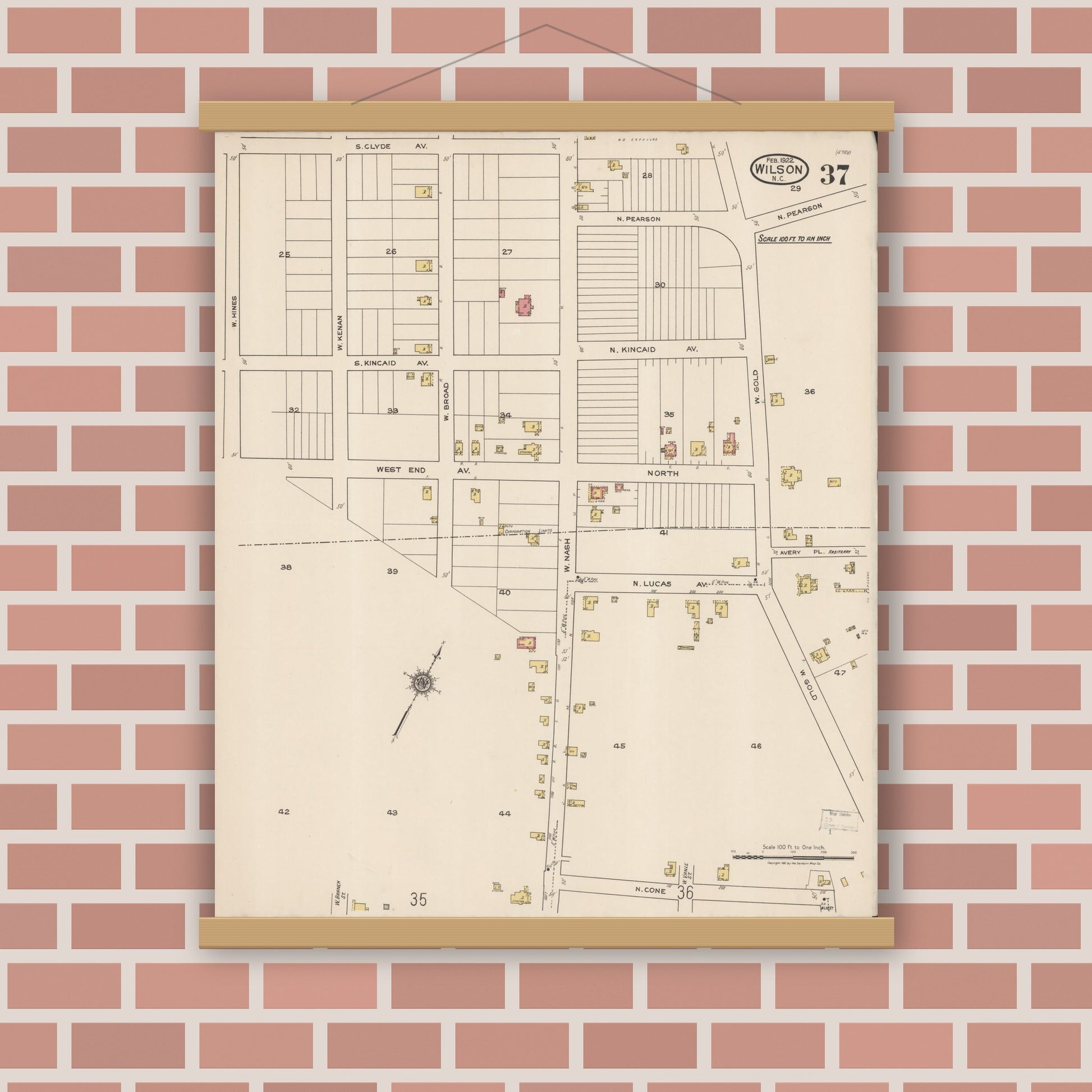 Old map wall art mockup — magnetic wood frame on brick wall — Sanborn Fire Insurance Map from Wilson, Wilson County, North Carolina (1922), Sheet #0037