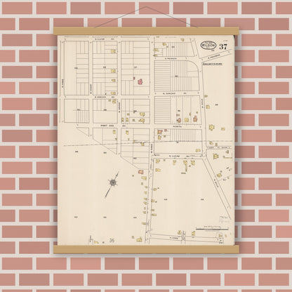 Old map wall art mockup — magnetic wood frame on brick wall — Sanborn Fire Insurance Map from Wilson, Wilson County, North Carolina (1922), Sheet #0037
