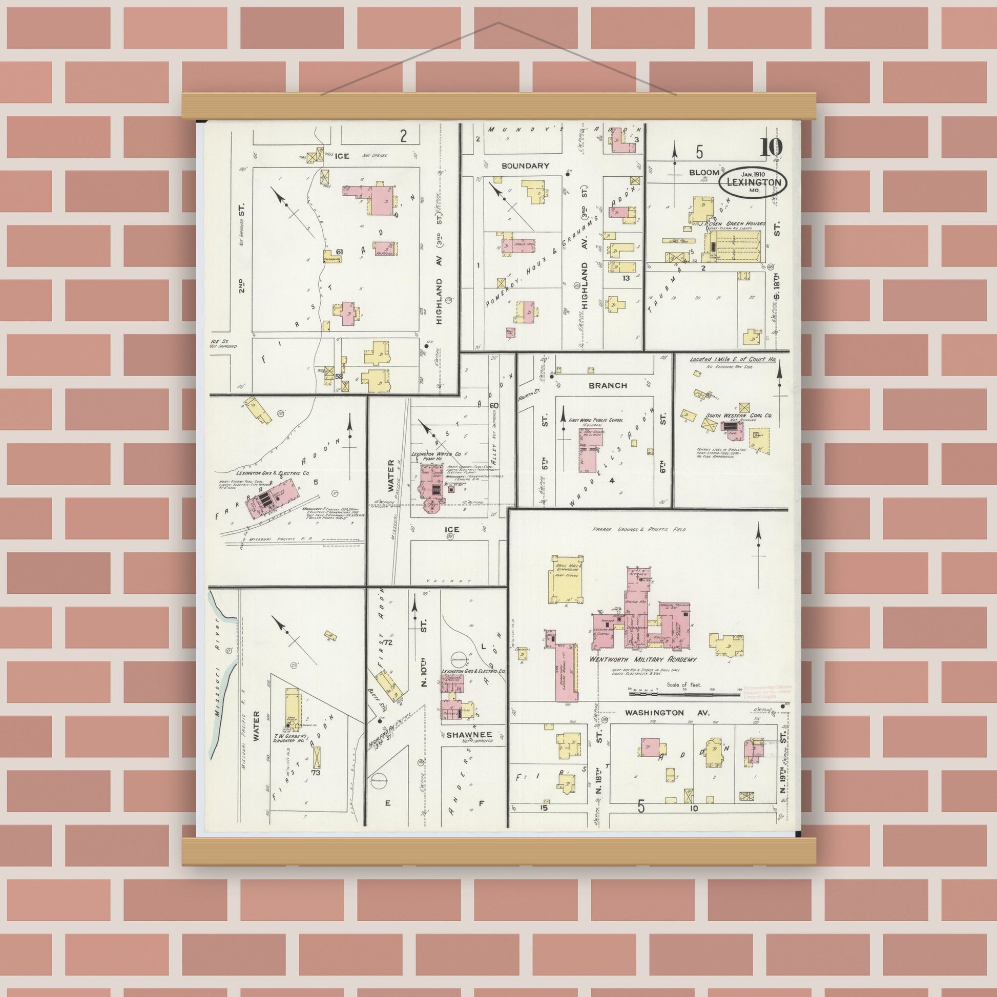 Old map wall art mockup — magnetic wood frame on brick wall — Sanborn Fire Insurance Map from Lexington, Lafayette County, Missouri (1910), Sheet #0010