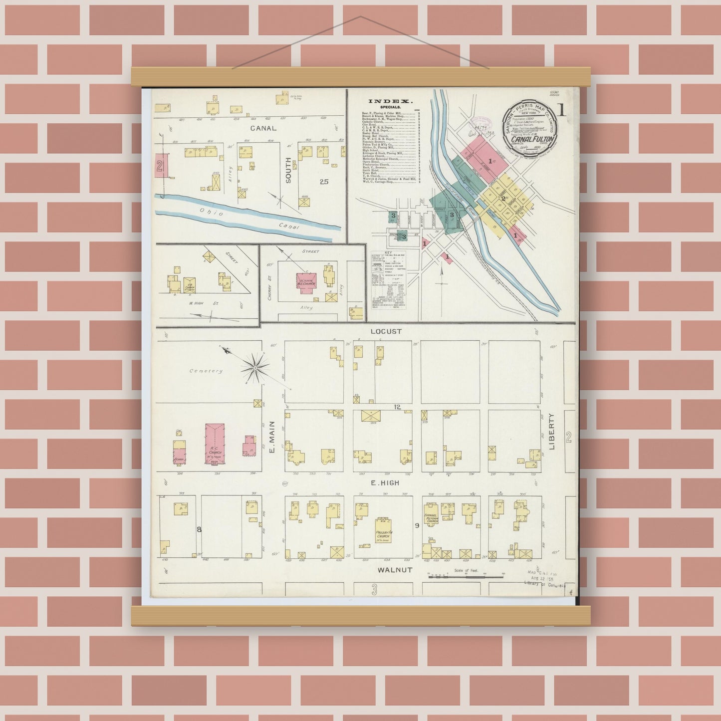 Old map wall art mockup — magnetic wood frame on brick wall — Sanborn Fire Insurance Map from Canal Fulton, Stark County, Ohio (1893), Sheet #0001